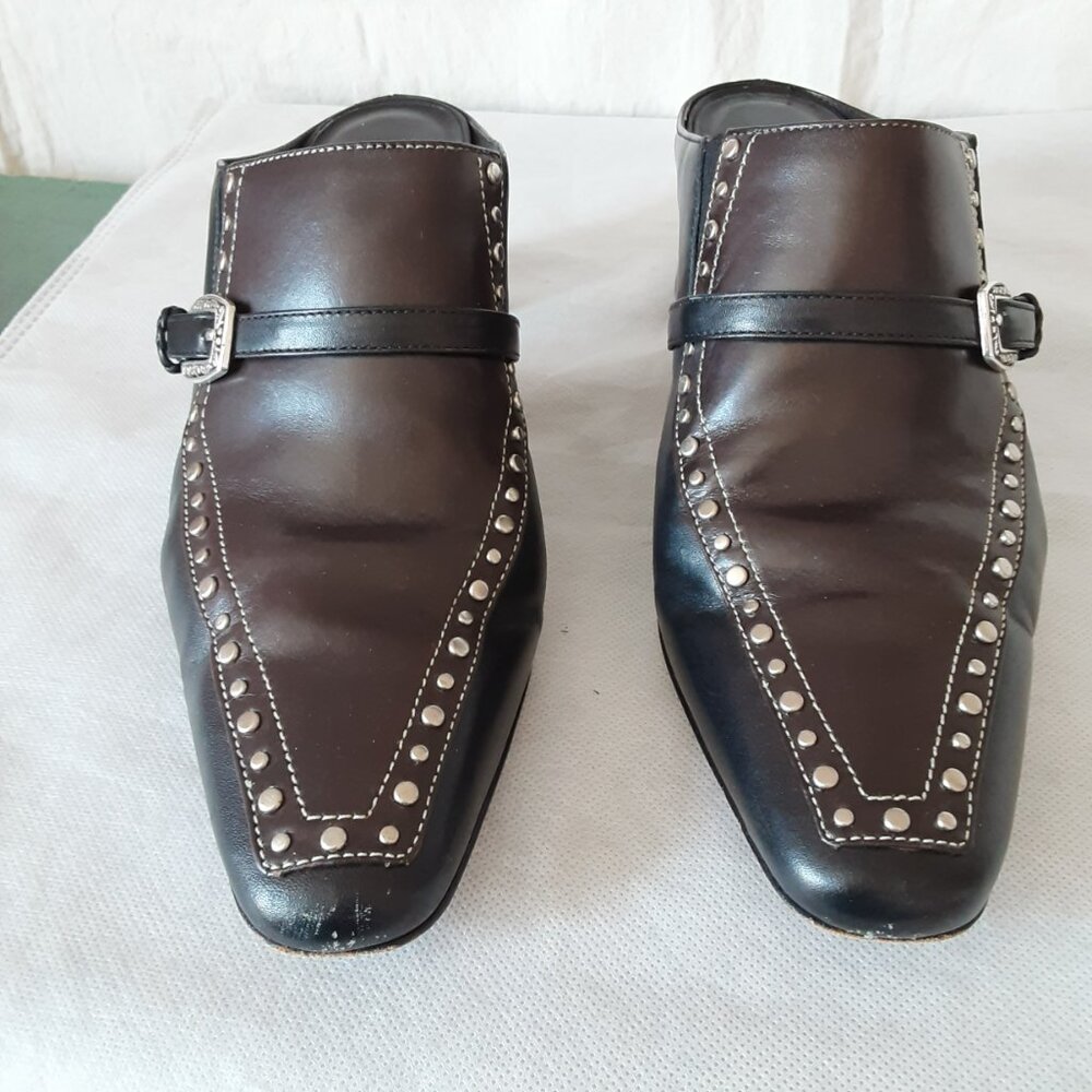 BRIGHTON BLACK LEATHER SLIP ON 2" HEELS SHOES SILVER BUCKLE TEMPE BRAZIL 7M - Picture 2 of 6